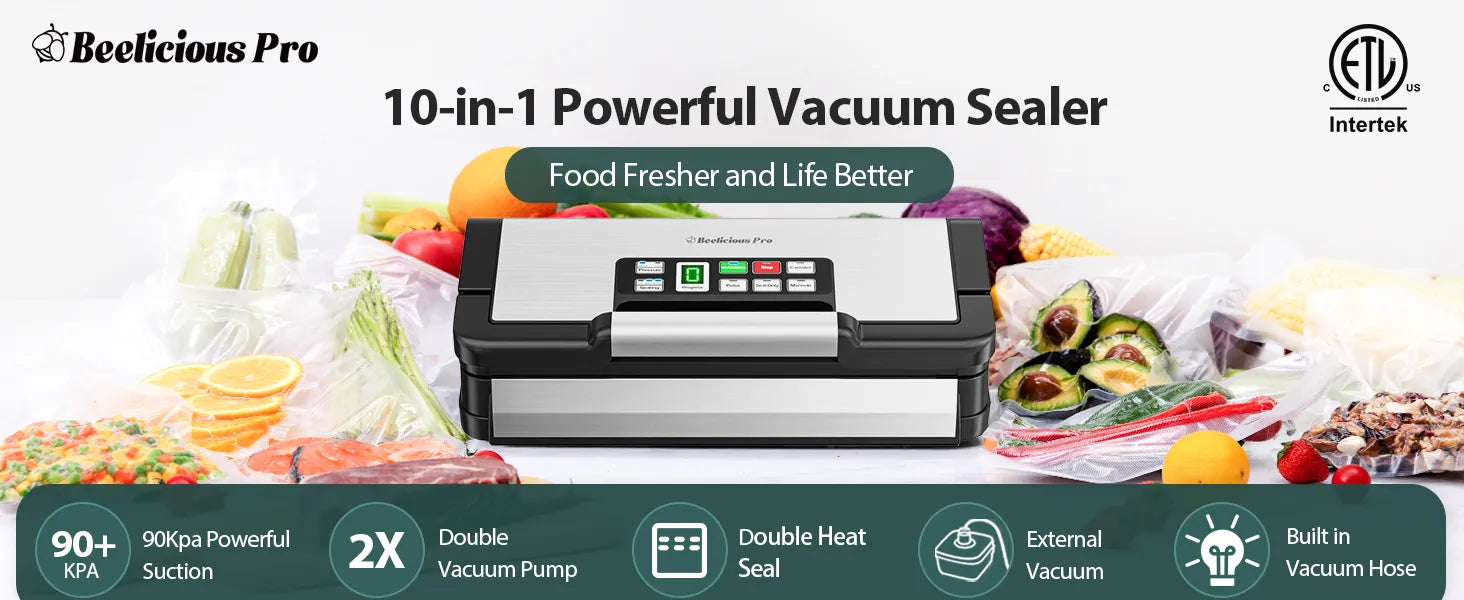 Food Sealer, Powerful Food Preservation System with Handle,Built-in Cutter&Bags Storage&Hose,2 Bags Rolls,Stainless Steel