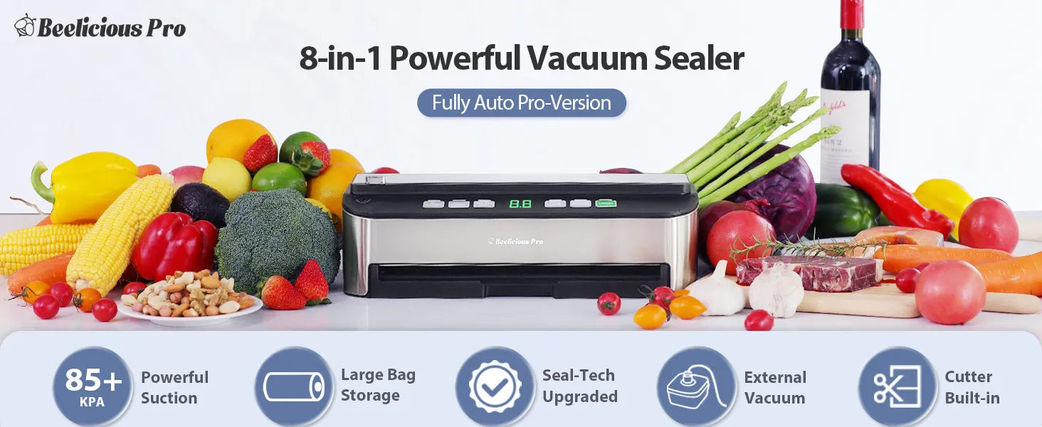 Vacuum Sealer Machine, Beelicious 85KPA Fully Automatic 8-IN-1 Food Sealer with Bags Storage, Build-in Cutter, Moist Mode, Air Suction Hose