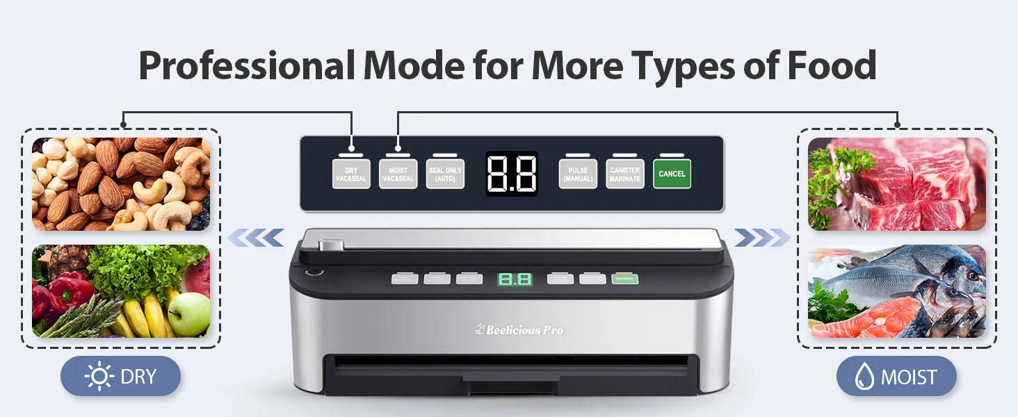 Vacuum Sealer Machine, Beelicious 85KPA Fully Automatic 8-IN-1 Food Sealer with Bags Storage, Build-in Cutter, Moist Mode, Air Suction Hose