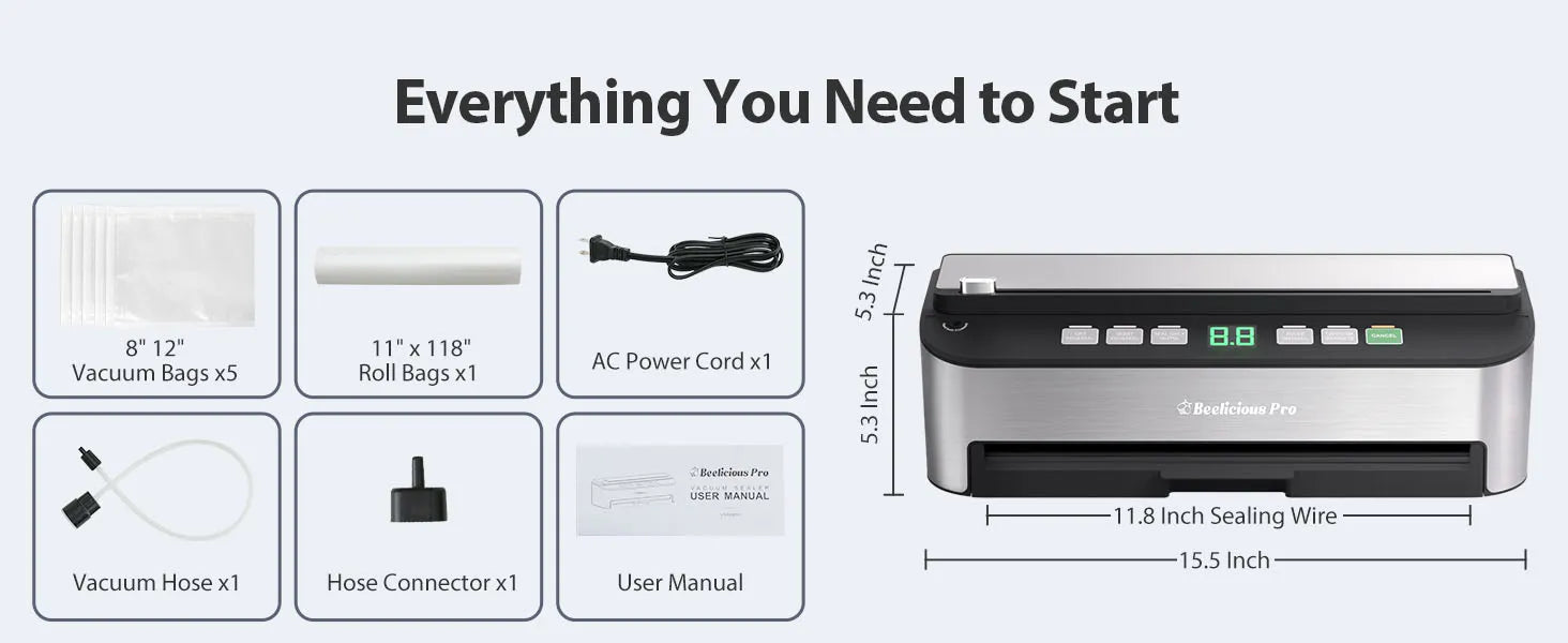 Vacuum Sealer Machine, Beelicious 85KPA Fully Automatic 8-IN-1 Food Sealer with Bags Storage, Build-in Cutter, Moist Mode, Air Suction Hose