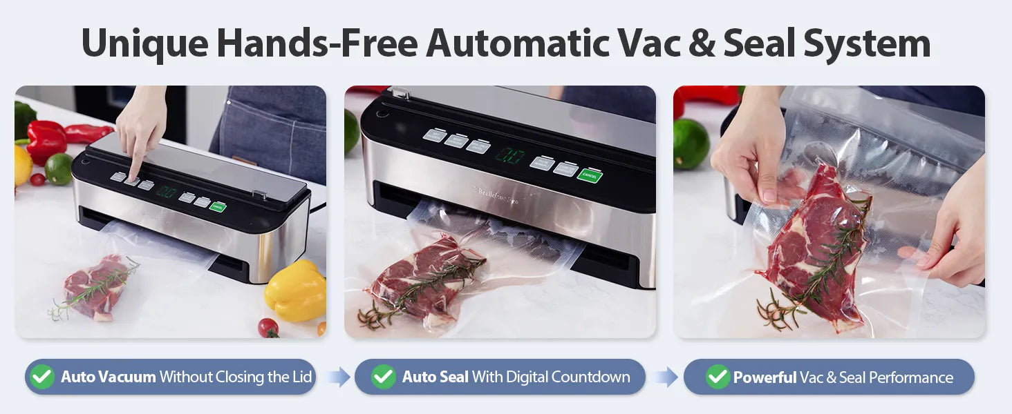 Vacuum Sealer Machine, Beelicious 85KPA Fully Automatic 8-IN-1 Food Sealer with Bags Storage, Build-in Cutter, Moist Mode, Air Suction Hose