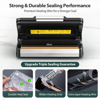 Food Sealer, Powerful Food Preservation System with Handle,Built-in Cutter&Bags Storage&Hose,2 Bags Rolls,Stainless Steel