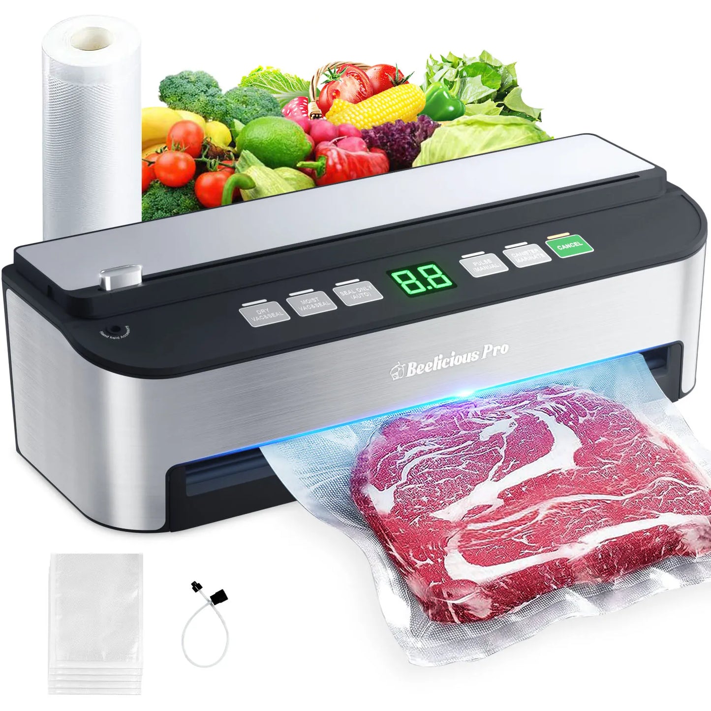 Vacuum Sealer Machine, Beelicious 85KPA Fully Automatic 8-IN-1 Food Sealer with Bags Storage, Build-in Cutter, Moist Mode, Air Suction Hose
